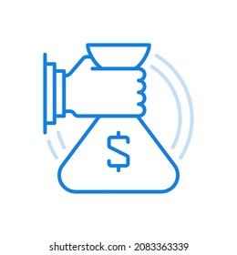 Financial aid issuance vector line icon. Investment support and bank loan. Hand holds bag with money symbol. Advantageous loan home purchase and college studies. Commercial life saving insurance.
