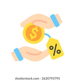 Ícone de cor plana da ilustração mini da ajuda financeira, uso para guerras comerciais, economia, negócios, finanças, competição econômica, UI, kit do UX, desenvolvimento do aplicativo e da web, digital ou impresso.