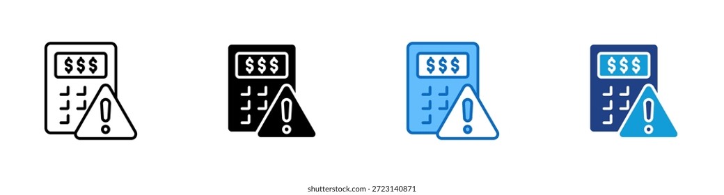 Vector de diseño de íconos de varios estilos de alerta financiera: calculadora con un símbolo de advertencia que indica problemas financieros, riesgos presupuestarios o problemas contables