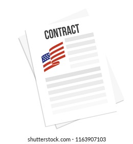 Financial American contract, white  document with text and house icon the USA flag of red and blue. Concept of government programs, application agreements or finance operations international. Work