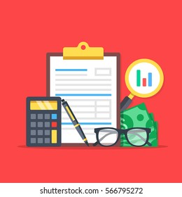 Financial analysis, accounting, business audit. Flat design graphic elements, flat icons set. Premium quality. Modern concepts for web banners, websites, printed materials. Vector illustration.