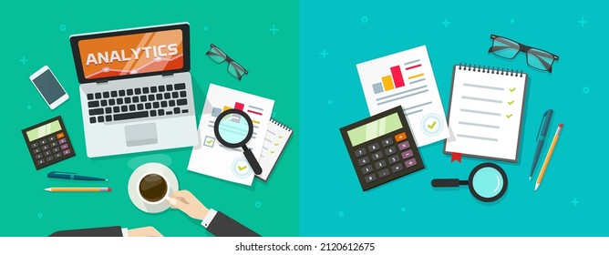 Financial analysis audit report on accountant person man work desk top view vector or office manager analysing and planning budget data flat lay illustration, business quality review and check