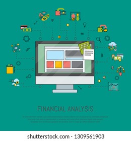 Financial analysis banner vector illustration. Risk management. Corporate finance. Corporate valuation. Fianncial modelling. Stock exchange. Discounted cash flow. Desktop computer.