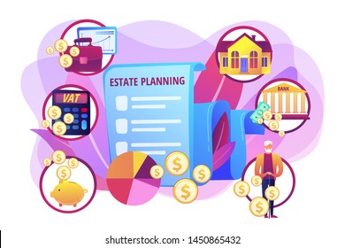 Financial Analysis And Budgeting. Property Taxes And Expenses. Estate Planning, Real Estate Assets Control, Keep Documents In Order Concept. Bright Vibrant Violet Vector Isolated Illustration