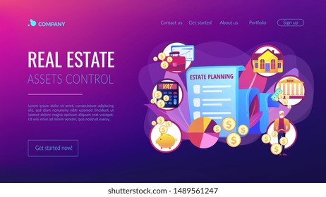 Financial analysis and budgeting. Property taxes and expenses. Estate planning, real estate assets control, keep documents in order concept. Website homepage landing web page template.