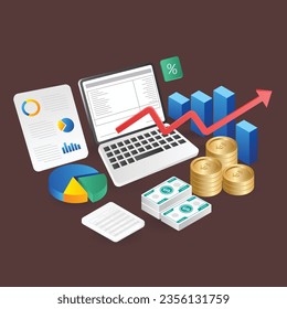 Finanzanalyse und Unternehmensanalyse. Vektorgrafik. Flaches isometrisches Design