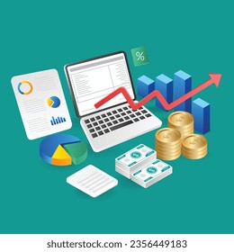 Financial analysis and business analytics. Vector illustration. Flat isometric design