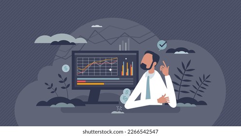 Financial analysis as business company money report tiny person concept. Businessman calculate investment profit, annual budget or sales profit on data diagrams, schemes or bars vector illustration.