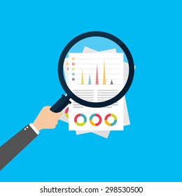 Financial analysis, business analysis concept, magnifier glass with bar graph on red background. Modern design flat style icon