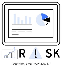 Análisis financiero, riesgo de negocio, visualización de datos, toma de decisiones, estrategias de inversión, pronóstico. Pantalla de tableta con gráfico de barras e ilustración de gráfico circular. Análisis financiero y negocios