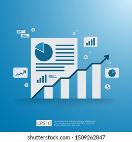 Financial Analysis business, financial statistic and management concept. Workplace desk top view with grow up chart bar document, laptop and report. Flat style vector illustration