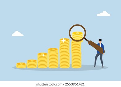 financial analysis, businessman with magnifying glass on growth coin stack.