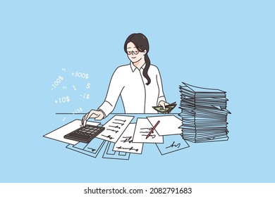 Financial analysis and calculating concept. Positive asian woman accountant sitting in office calculating expenses and financial situation vector illustration 