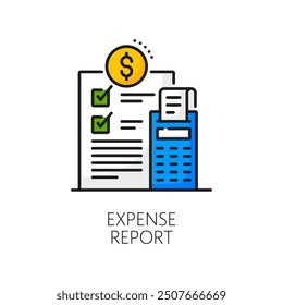 Financial analysis color line icon of expense report for accounting, vector symbol. Tax revenue and budget color line icon of expense report with calculator for financial audit and banking accounting