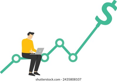 financial analysis concept, character working with computer laptop on dollar sign money with up graph. Income growth or increase in investment returns, income or wealth accumulation, income growth.