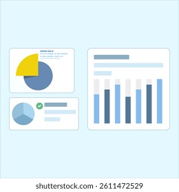 Financial analysis concept of company indicators, Pie chart, bar chart, process diagram and gears. statistical research, business data. flat design illustration on background.