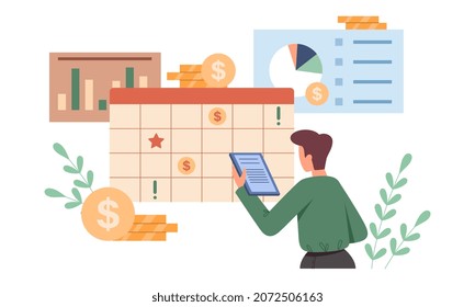 Financial analysis concept. Man studies statistical data and develops strategy to increase income. Male character invests money and makes profit. Cartoon contemporary flat vector illustration