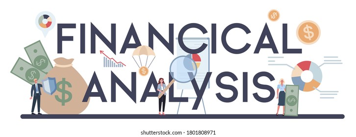 Finanzanalyse oder Berater typografische Header. Finanzoperation mit Unternehmenscharakter. Rechner, Investitionen, Forschung und Vertrag. Einzelne flache Vektorgrafik