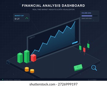 Um painel de controle de análise financeira mostra uma exibição digital da análise de dados de mercado. Ele apresenta gráficos que descrevem claramente as tendências do mercado, detalhes de capital e estatísticas de volume.