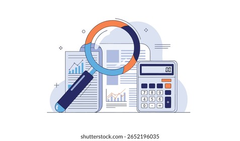 Financial analysis and data visualization using magnifying glass and calculator for business growth strategies