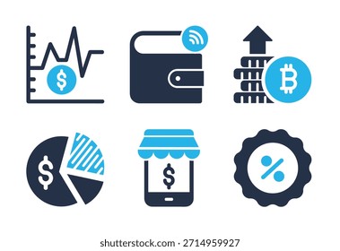 Conjunto de iconos de análisis financiero y comercio electrónico. Iconos de la serie de glifos sólidos