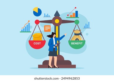 Financial analysis, evaluating impact of decisions, maximizing roi concept vector illustration. Analysts weighing cost and benefit on balance scale