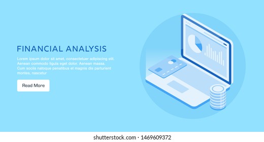 Financial analysis, finance management, return on investment, isometric vector banner isolated blue background