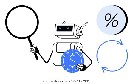 Financial analysis, fintech tools, automation processes, artificial intelligence, economic strategy, computational models. Robot holding magnifying glass and currency symbol. Financial analysis