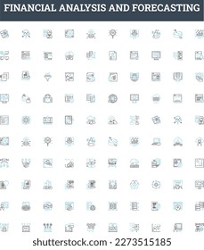 Financial analysis and forecasting vector line icons set. Financial, Analysis, Forecasting, Investment, Ratios, Budgeting, Planning illustration outline concept symbols and signs