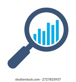Ícone de análise financeira vetor plano azul design ampliação de vidro gráfico de barras símbolo estatísticas de negócios pesquisa gráfico sinal de elemento