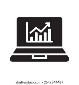 Financial analysis icon with a laptop screen showing a growth chart for online business analytics stock market data and investment report vector solid glyph icon