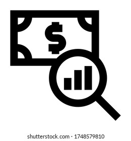 financial analysis icon, money, bar chart, magnifier, icon outline vector
