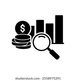 Financial analysis icon with money, bar chart and magnifying glass
