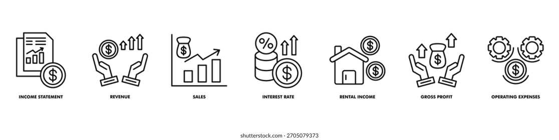 Gliederung der IconSets für Finanzanalysen. Symbolsatz besteht aus Gewinn- und Verlustrechnung, Umsatz, Umsatz, Zinssatz, Mieteinnahmen, Bruttogewinn, Betriebsausgaben.