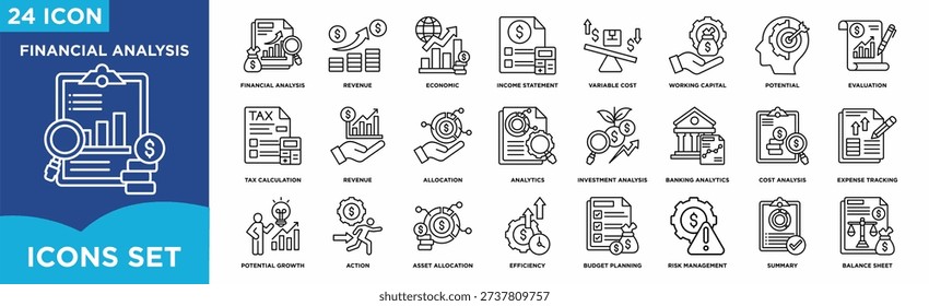 Financial analysis icon set featuring revenue, income statement, tax calculation, investment analysis, budgeting, cost analysis, risk management, asset allocation, efficiency, and balance sheet for corporate finance use.