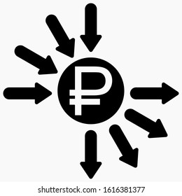 Financial analysis icon. Systematization of money. Cash flow in rubles. Ruble devaluation. Financial sign icon. Vector icon.