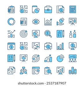 Financial analysis icons. Outline symbols. Vector blue line icons set