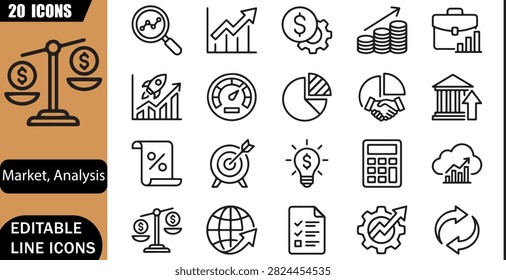 Financial analysis icons set, 20 editable line art icons set, revenue, profit, forecasting, business, investment, dashboard, performance metrics, finance report theme style, clean outline vector
