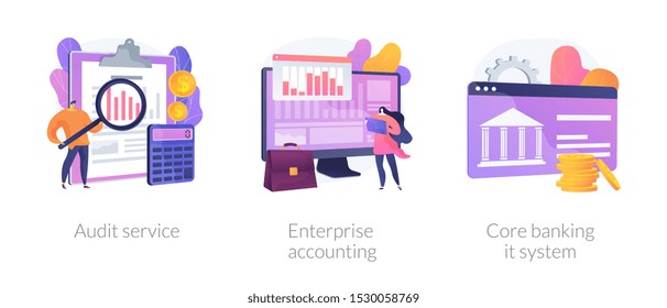 Financial analysis icons set. Company analysts, accountants cartoon characters. Audit service, enterprise accounting, core banking it system metaphors. Vector isolated concept metaphor illustrations