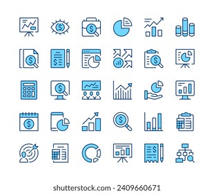 Financial analysis icons set. Vector line icons. Blue color outline stroke symbols. Modern concepts