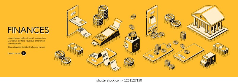 Financial analysis, investments and business consulting company, online banking and accounting service isometric vector horizontal web banner or poster with mobile digital payments line art concept