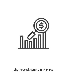 Financial analysis line icon. linear style sign for mobile concept and web design. Graph with dollar and magnifying glass outline vector icon. Symbol, logo illustration. Vector graphics