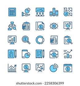 Financial analysis line icons. Set of financial analysis icons. Blue color. Vector line icons set