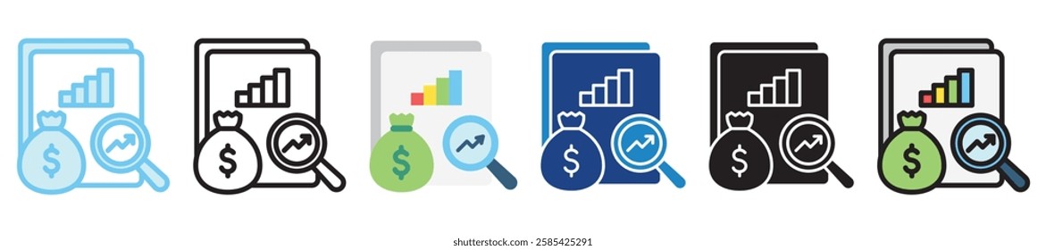 Financial Analysis multi style, mini illustration icon. outline, flat, glyph, dual tone, line color, UI, UX kit, app and web development, digital or print. For finance, business, economy.