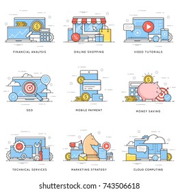 Financial analysis, online shopping, video tutorials, seo, mobile payment, money saving, tech services, marketing strategy, cloud computing. Flat line art style concepts. Editable stroke.