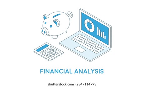 Isometría del esquema de análisis financiero. Ahorro de dinero y vector de concepto de negocios. Piggy bank, calculadora y laptop, ilustración de informe financiero . 