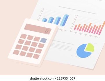 Análisis y planificación financieros representados a través de una ilustración de la calculadora en un documento con estado financiero completo con gráficos y gráficos. Análisis y planificación cuidadosos en la gestión de las finanzas