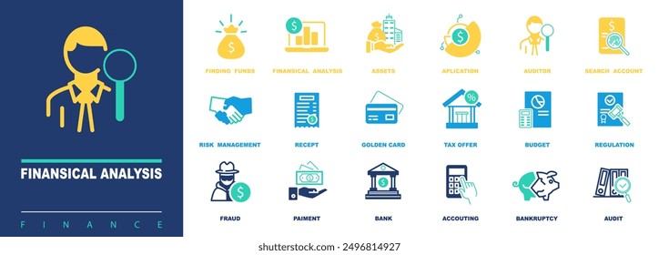 Financial analysis. Set of investment icons. Business icons infographics. SEO, sign. Economy, money, fund, dollar, investor, assets, risk management, financial profit, stocks. Vector illustration