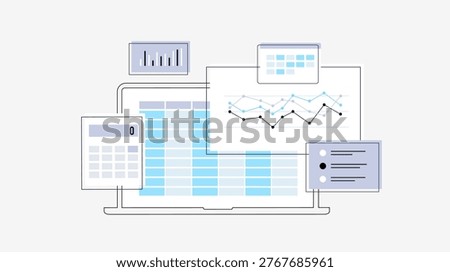 Financial analysis with spreadsheet dashboard and charts for business data tracking. Financial analysis with reporting tools and performance metrics for digital finance management vector illustration