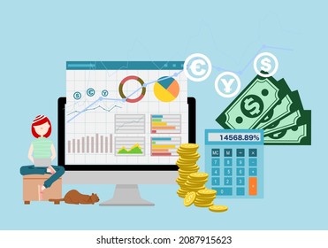 Financial analysis, summary, online audit. Freelance career concept, work from home. Flat design vector illustration